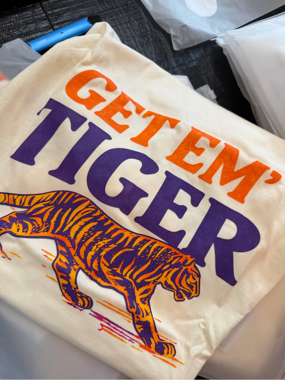 Gildan Cream Short Sleeve Tee with Orange & Purple 'GET EM' Tiger Graphic